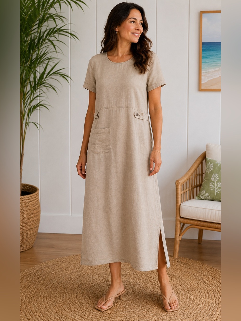 Studio Ease Vintage Cotton Maxi Dress Neutral Minimalist Lagenlook Size 6